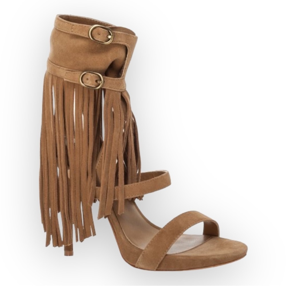 Leon Max Studio Sandals Boho Heels Ankle Fringe Stiletto Suede Genuine Leather 8